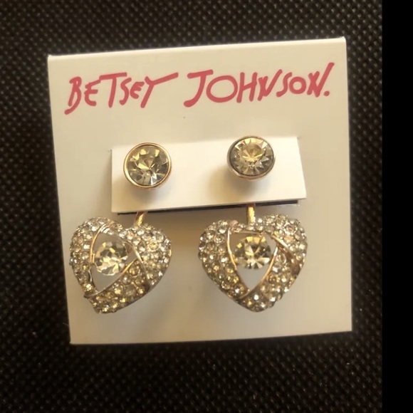 Betsey Johnson Rose Gold Tone Heart Front Back Crystal Encrusted Drop Earrings - Picture 6 of 10